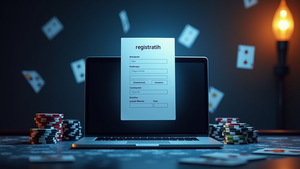 Ein Registrierungsformular im Casino-Stil neben einem Laptop und Verifizierungssymbolen