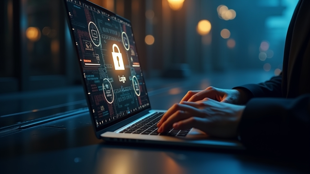 Ein Laptop-Loginbildschirm in einer dunklen Casino-Umgebung mit Sicherheits-Icons