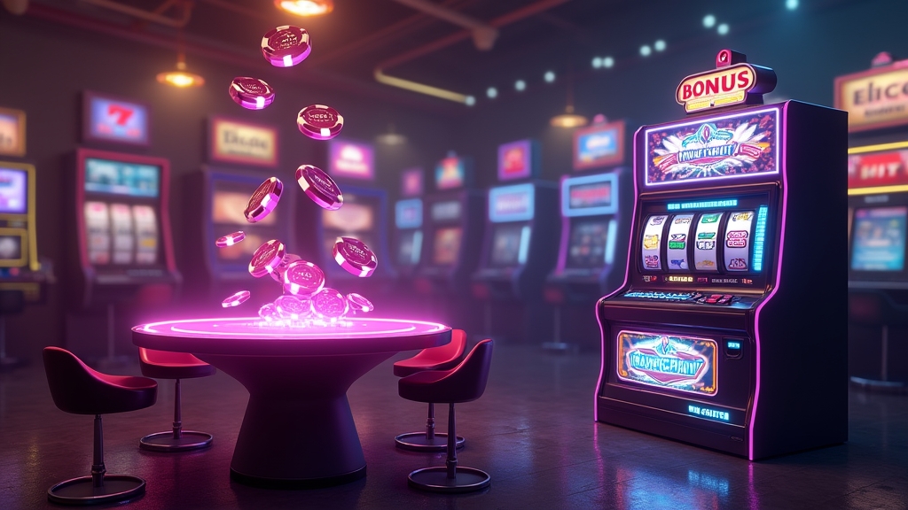Neon slot floor showing free spins, free chips, and a glowing bonus meter