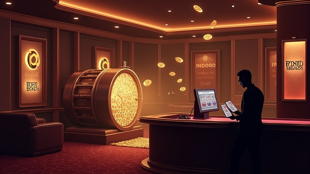 Casino lobby with bonus banners, free spins reels, and a cashier terminal